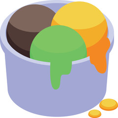 Three colorful scoops of ice cream melting in a cup, dripping onto a surface, creating a sweet and messy treat