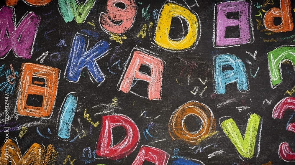 Aufkleber Vibrant and creative chalk art on a blackboard featuring a diverse array of colorful alphabet letters shapes and symbols expressing ideas communication and learning