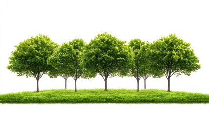 Lush green trees on grassy hill, isolated on white; nature background for eco designs