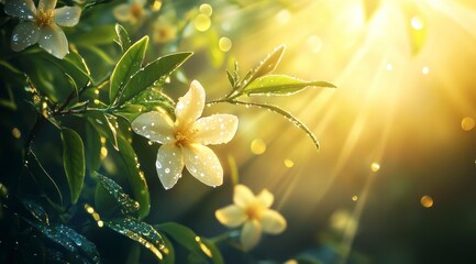 Fototapeta premium Radiant Dew-kissed Flowers in Sunlight Nature Photography