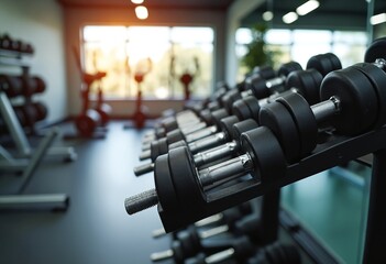 Gym interior background of dumbbells on rack in fitness and workout room