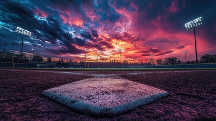 Dramatic low-angle view of a baseball field, with the home plate and infield under a glowing stadium and colorful dusk sky.