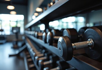 Gym interior background of dumbbells on rack in fitness and workout room