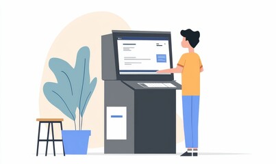 Person using modern self-service kiosk indoors