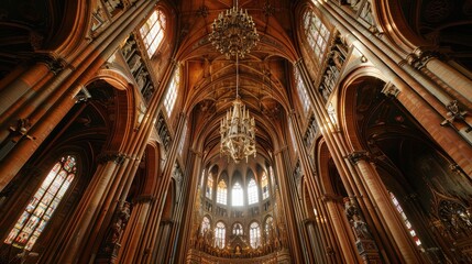 Naklejka premium Majestic Cathedral Interior with Stained Glass and Ornate Architecture