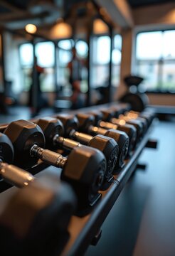 Gym interior background of dumbbells on rack in fitness and workout room