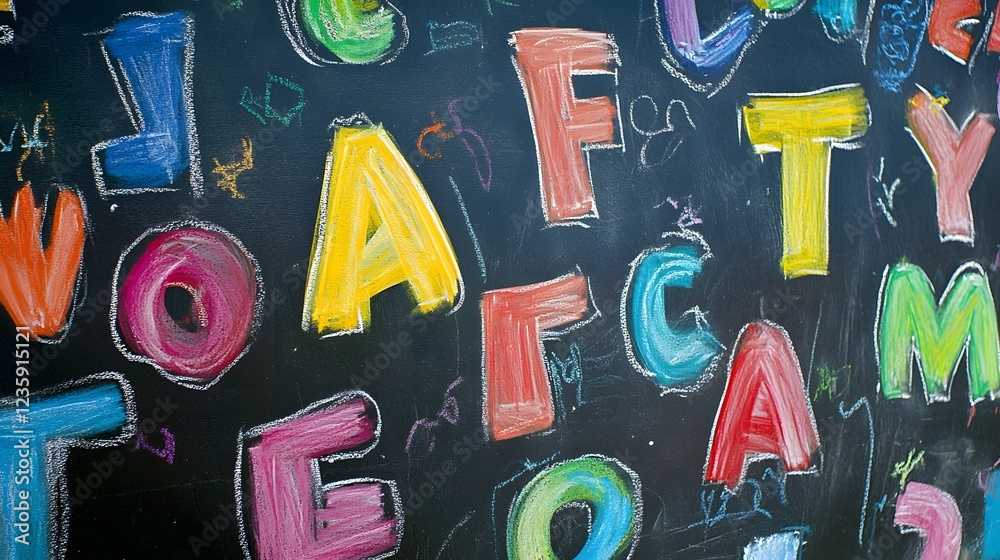 Poster Vibrant and Playful Chalk Drawings on a Chalkboard Displaying Creativity Imagination and Expression