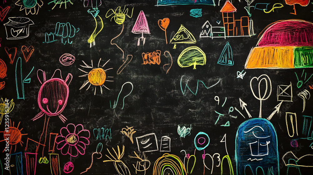Poster Vibrant and playful chalkboard doodles featuring a variety of colorful shapes patterns and whimsical scenes suggesting creativity imagination and the joy of learning and self expression