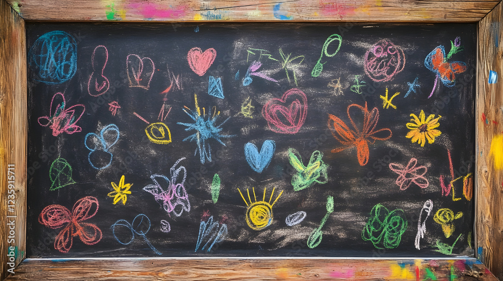 Poster vibrant and whimsical chalk drawings on a chalkboard showcasing a playful expression of creativity i
