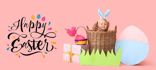 Greeting Easter banner with cute little girl in basket