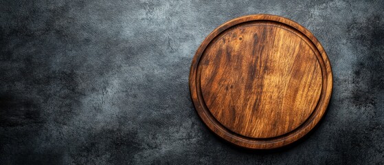 Fototapeta premium Round Wooden Cutting Board on Dark Background