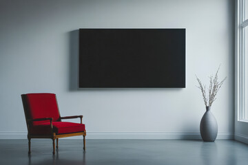 modern minimalist interior with a large black screen mounted on a light gray wall. A red vintage armchair with wooden legs sits to the left, while a gray vase with dry branches 