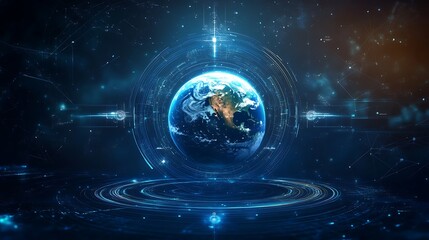 Earth positioned in the center of a dark blue vector background, surrounded by digital rings and satellites in motion, with a soft ethereal glow from religious elements.