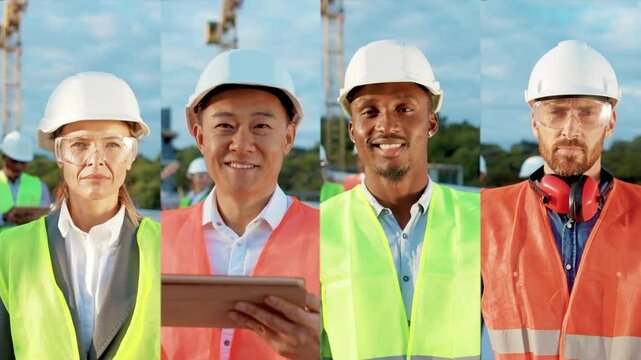 Multiscreen footage. Close up four men builder engineer worker on construction helmet look at camera. Industrial site. Portrait. Architect. Uniform. Slow motion