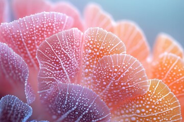 Close-up of dew-kissed pink and orange leaves nature soft focus