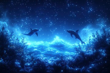 Dolphins leaping over waves under a starry sky ocean scene nighttime fantasy
