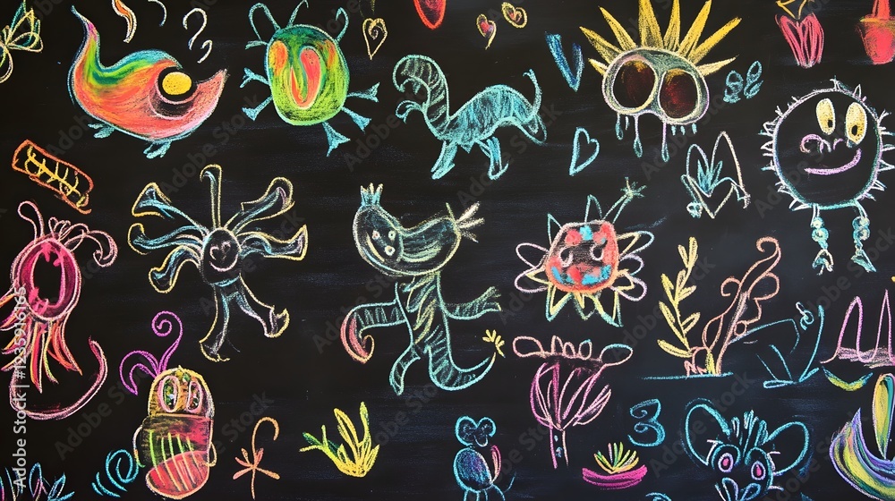 Aufkleber Vibrant and Whimsical Doodle Style with Playful Characters Shapes and Symbols on a Chalkboard Background  Creative Imaginative and Expressive Abstract Artwork
