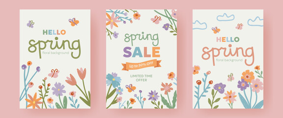 Set of floral backgrounds with colorful hand drawn flowers in cute doodle style. Crayon pencil texture, child drawings. Background templates for seasonal promotion, spring, summer design, sale banner.