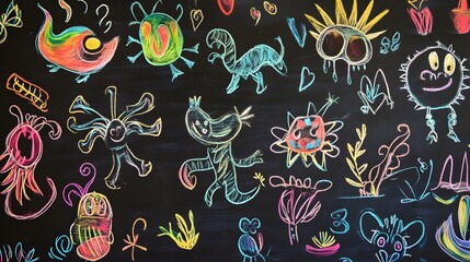 Naklejka premium Vibrant and Whimsical Doodle Style with Playful Characters Shapes and Symbols on a Chalkboard Background Creative Imaginative and Expressive Abstract Artwork