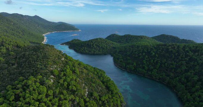 Aerial establishing of lush green forests and a winding bay on Mljet Island, showcasing natural beauty and serenity with deep blue ocean water