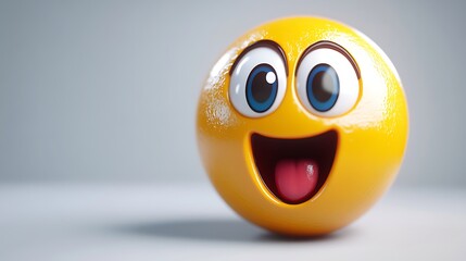 Happy emoji sphere against neutral background; digital illustration; possible use for social media or tech company; digital art