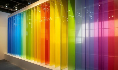 Colorful translucent panels create vibrant rainbow wall