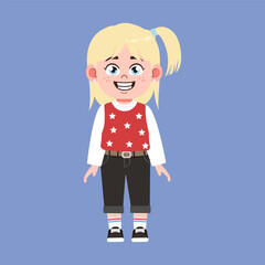Cute American Girl with Blonde Hair Cartoon Smile