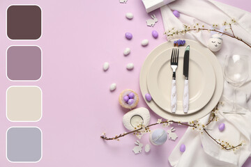 Beautiful table setting with Easter eggs and wine glass on lilac background
