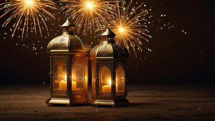 Gold colored lanterns with fireworks celebrating Ramadan