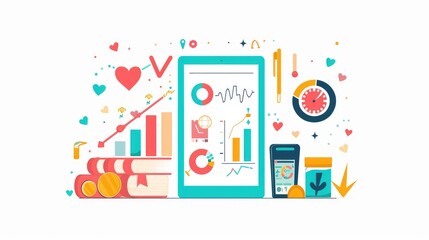 Colorful Digital Workspace with Tablet and Graphs