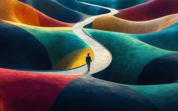 A person walking along a winding brainshaped path, symbolizing the journey of the mind, vibrant colors, surreal landscape, and thoughtful design
