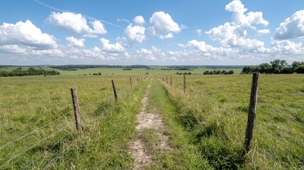 Obraz premium Countryside path, summer, green field, blue sky, peaceful landscape, nature photography