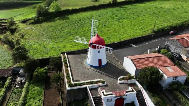 Aerial view of historic Tia Faleira windmill in Faja de Cima, Sao Miguel, Azores