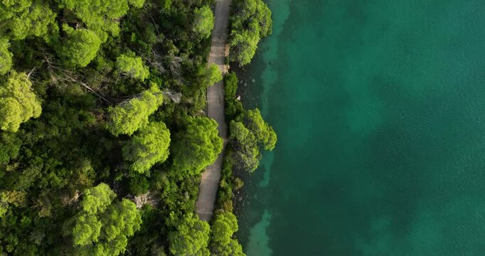Top down pan of lush greenery and clear waters near Mljet Island, highlighting vibrant natural textures along coastal biking path