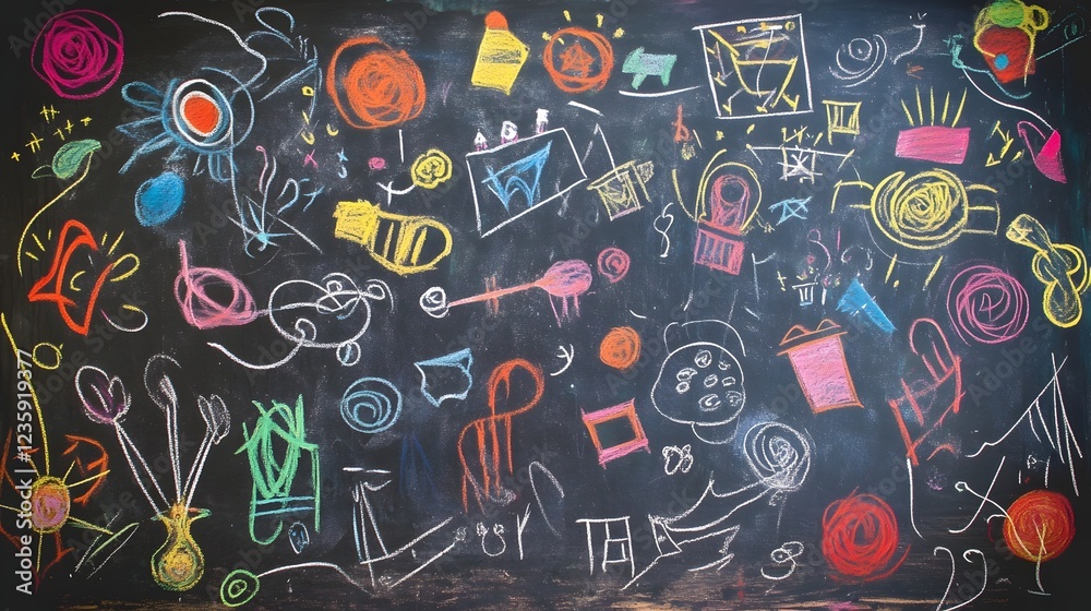 Poster Vibrant chalkboard doodles and sketches with colorful shapes patterns and symbols showcasing a creative and imaginative learning or brainstorming environment