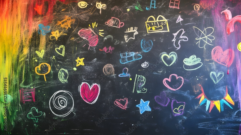 Poster vibrant chalkboard filled with a variety of colorful doodles sketches and handwritten symbols demons