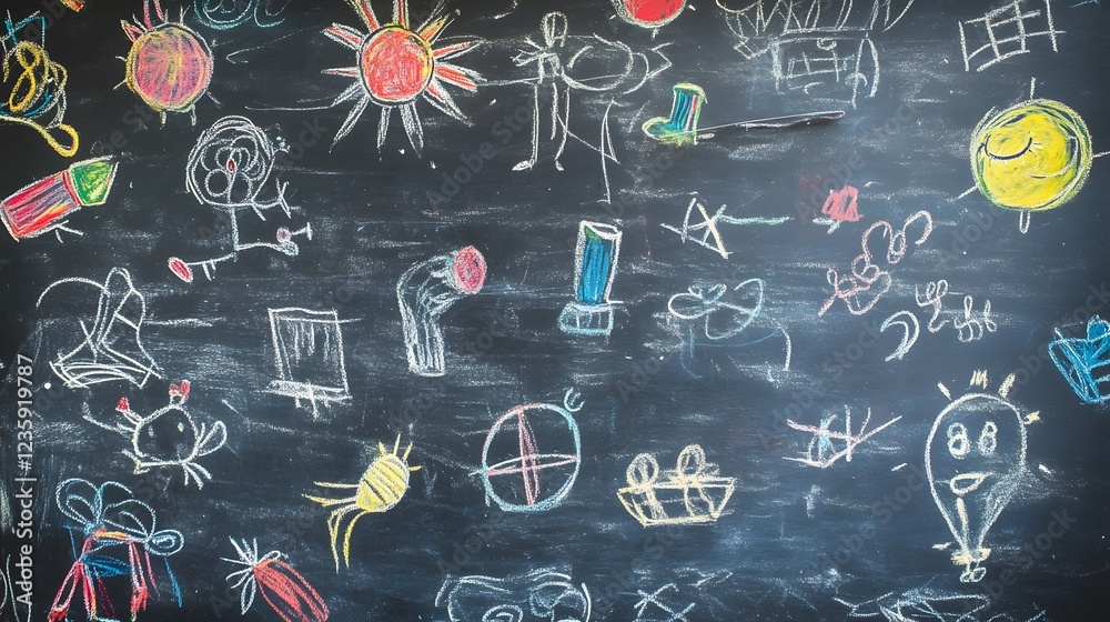 Poster Vibrant chalkboard full of colorful doodles sketches and abstract symbols representing the creative brainstorming process visual thinking and imaginative expression