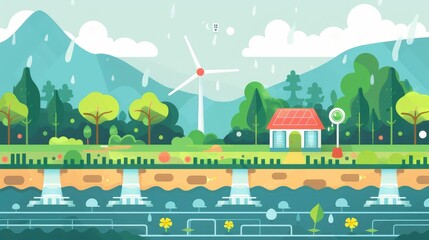 Sustainable Energy Landscape with Wind Turbine and Solar House