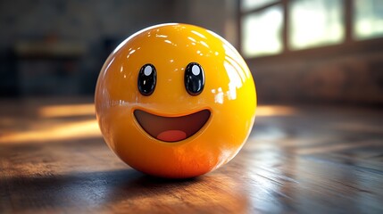 Happy emoji sphere on wooden floor (1)