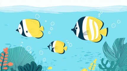 Tropical fish swimming in clear ocean, vibrant summer scene,