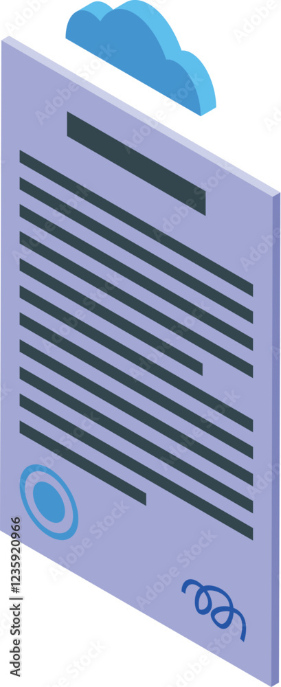Poster isometric view of a signed digital contract with cloud storage integration, emphasizing secure and m