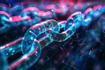 A chain of links is shown in a blue, red and purple color scheme
