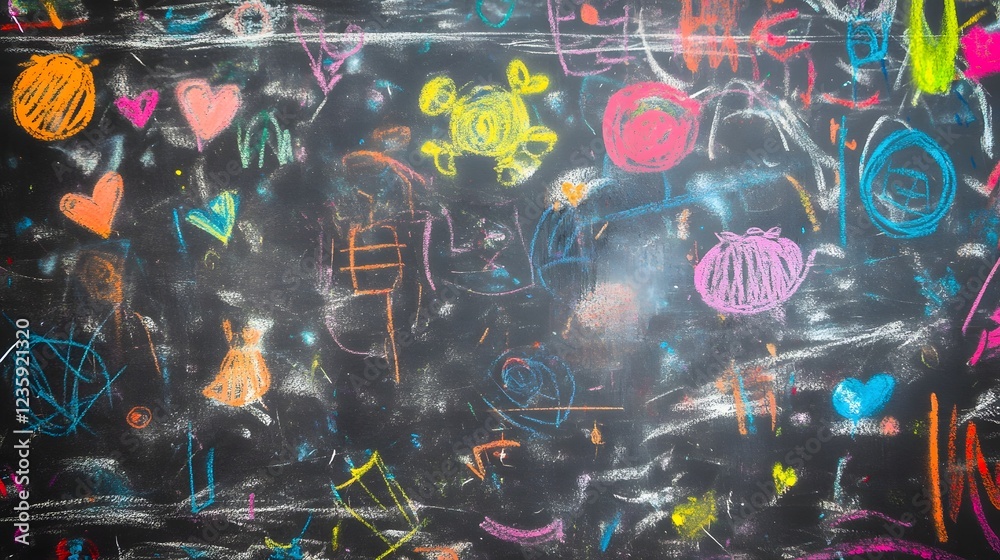 Poster Vibrant colorful chalkboard filled with a chaotic free flowing display of whimsical doodles sketches and scribbles overflowing with creative energy and unbridled imagination  The abstract