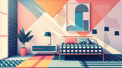 Vibrant and Contemporary Bedroom Interior with Geometric Patterns