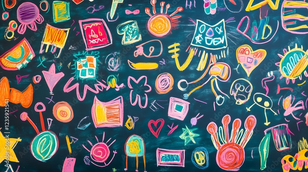 Aufkleber Vibrant Colorful Doodle Pattern Abstract Design with Fun Playful Cartoon Symbols and Icons Background for Kids Classroom or Education