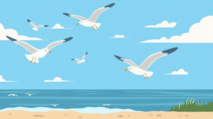 Obraz premium Seagulls flying over summer ocean, peaceful coastal setting,