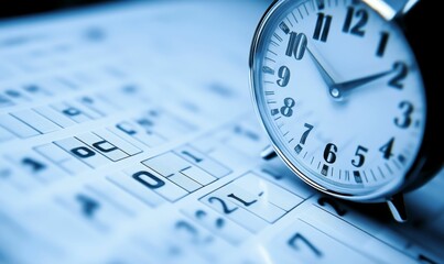 Clock rests on calendar, time management concept