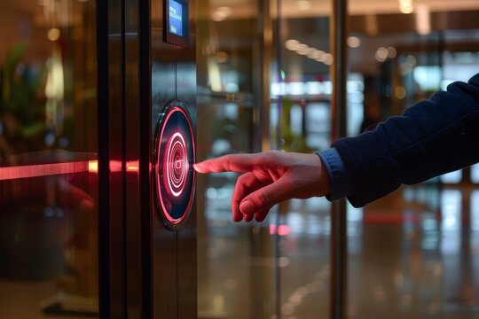 A person is pointing at a red button on an elevator - Powered by Adobe