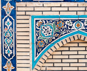 national ornaments from Uzbekistan, mosaic blue, green and asian background, Tashkent, Uzbekistan
