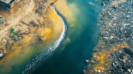 River bends through rocky terrain with vibrant colors and water patterns at midday light. Generative AI